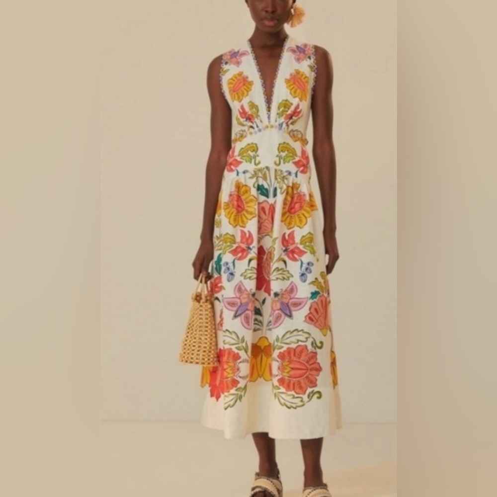 Farm Rio Insects Floral V-Neck Sleeveless Linen Euroflax fMaxi Dress medium